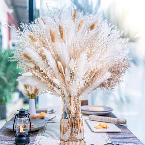 EP Leben Natural Dried Pampas Grass Boho Home Decor Bouquet Phragmites Dried Flowers Bouquet for Wedding Floral Arrangements Home Decorations (95Pcs)