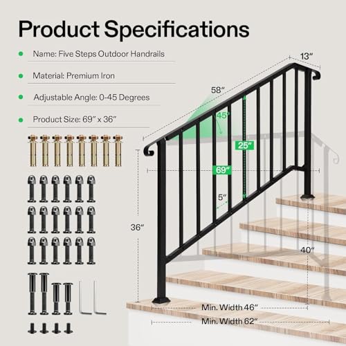 Image of VIVOSUN Outdoor Handrail, 5 Step Stair Handrail, 69 inch x 36 inch Fits 1 to 5 Steps, Wrought Mattle Iron Stair Railing with Curved End and Balusters for Concrete Step, Porch Steps, One-Step Assembly, Black