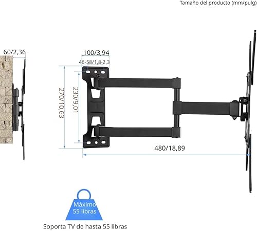 Miniatura 3 de Suptek Soporte de pared giratorio e inclinable para la mayoría de soportes de TV de 23 a 55 pulgadas de hasta 55 libras máximo VESA 15.748x15.748 in