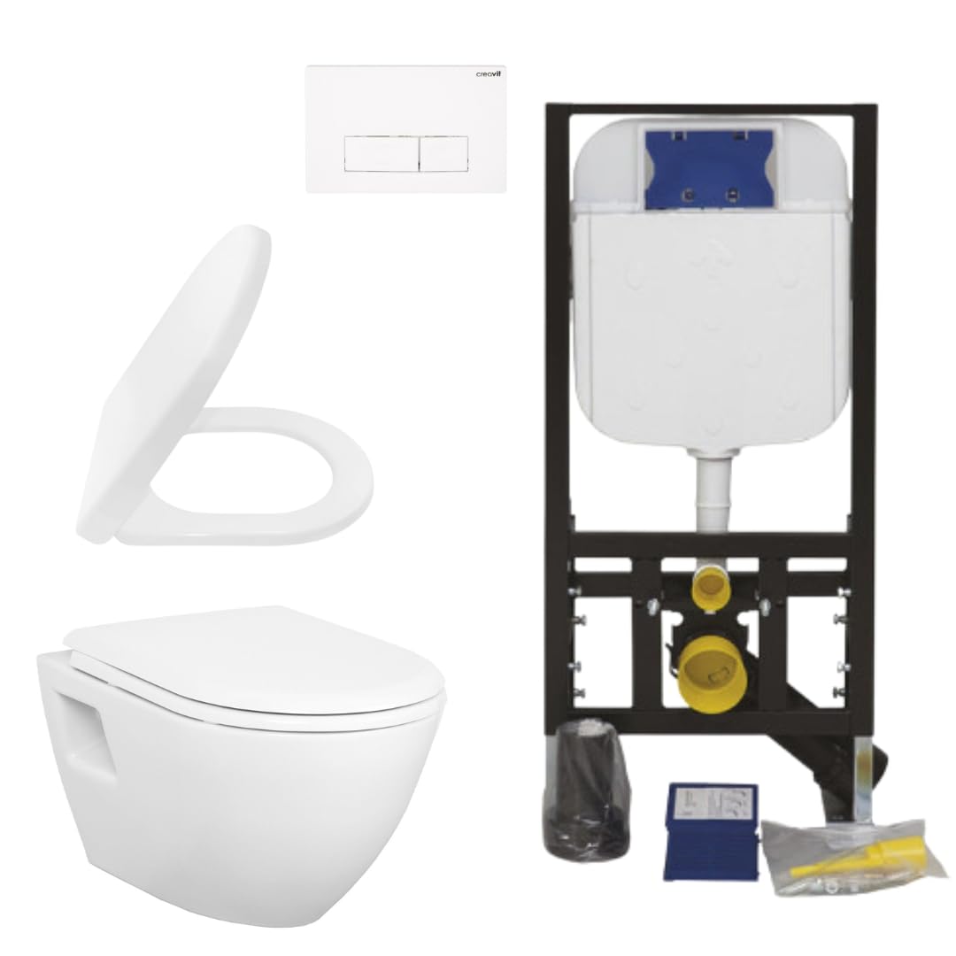 Creavit Juego de inodoro colgante de cerámica blanca con asiento de cierre suave y elemento de pared empotrable, cisterna de 3/6 L, juego completo