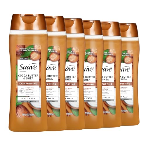 Suave Moisturizing Body Wash, Cocoa Butter and Shea with Vitamin E Extract, No Parabens, No Phtahaltes, 18 Oz Pack of 6