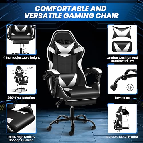 YSSOA Ergonomic Gaming Chair with Footrest, Adjustable Height & Tilt, Lumbar Support (Black/White)