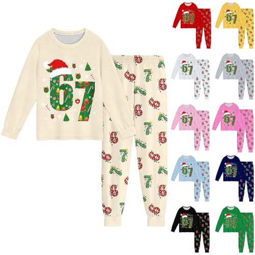 67 Christmas Pyjama 67 Meme Matching Christmas PJs for Family, Six Seven Number Boys and Girls Pyjamas, 6 7 Meme Long Sleeve Tops and Pants Xmas PJs, 67 Kinder Weihnachtspullover Family Pajamas