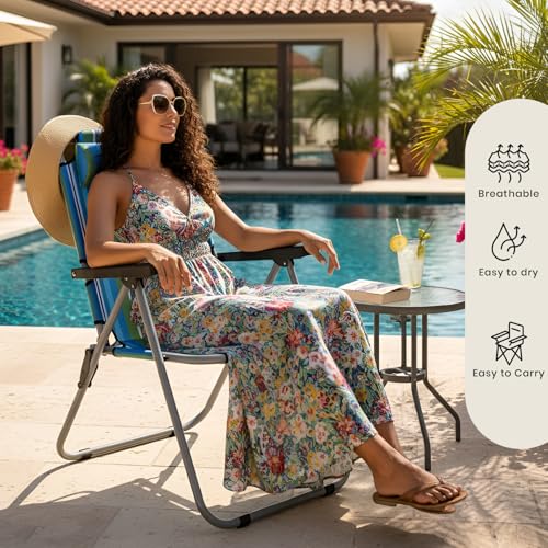 Image of Pivalo Folding Beach Chair with Adjustable Pillow and Arm Rest Portable Lightweight Rainbow Stripped Foldable Fishing Chairs for Travelling Picnic & Outdoor Camping (Large, Blue & Green Stripe)