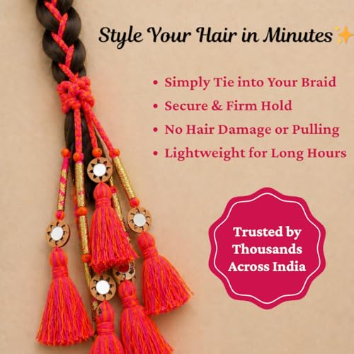 Image of Zippy Flora Handmade Boho Parandi (Neelima Rani-Orange) | Traditional Punjabi Hair Accessory | Braid Tassels | Ethnic Paranda Hair Extension for Choti & Festive Styling