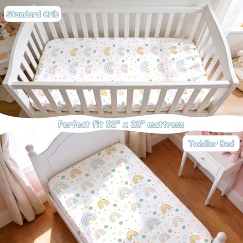 Image of JISEN Baby Crib Sheets Soft Breathable Rainbow Fitted Crib Sheets for Standard Crib and Toddler Mattress Baby Bed Sheets for Boys Girls Neutral 52x28 Inch White