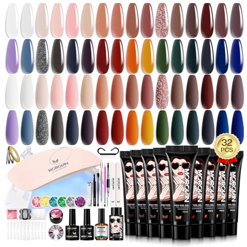 Morovan Poly Nail Gel Kit: 32 Colors Classics Tones Complete Extension Gel Nail Kit with UV Lamp Slip Solution Builder Manicure Tools for Starter DIY Salon Use 2025 Fall