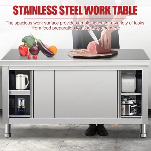 Mesa de trabajo comercial de acero inoxidable con puertas correderas de gabinete, mesa de preparación ideal para cocina, restaurante, hotel, garaje, fácil de limpiar