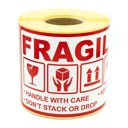 MD Labels Etiquetas de advertencia en rollo, 90 x 150 mm, 300 unidades, mango con cuidado, mantener seco, no apilar o drop- this way up- etiquetas autoadhesivas de papel de envío