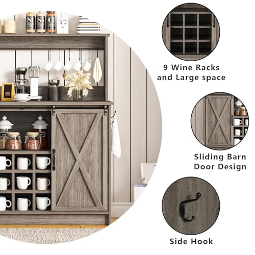 4ever2buy-Farmhouse-Coffee-Bar-Cabinet-with-Sliding-Barn-Doors-50-Inch-Coffee-Bar-Hutch-with-6-Hooks-Gray-Coffee-Bar-with-9-Mug-Rack-Hutch-Cabinet-with-Storage-for-Living-Room 4ever2buy Farmhouse Coffee Bar Cabinet with Sliding Barn Doors 50 Inch Coffee Bar Hutch with 6 Hooks Gray Coffee Bar with 9 Mug Rack Hutch Cabinet with Storage for Living Room