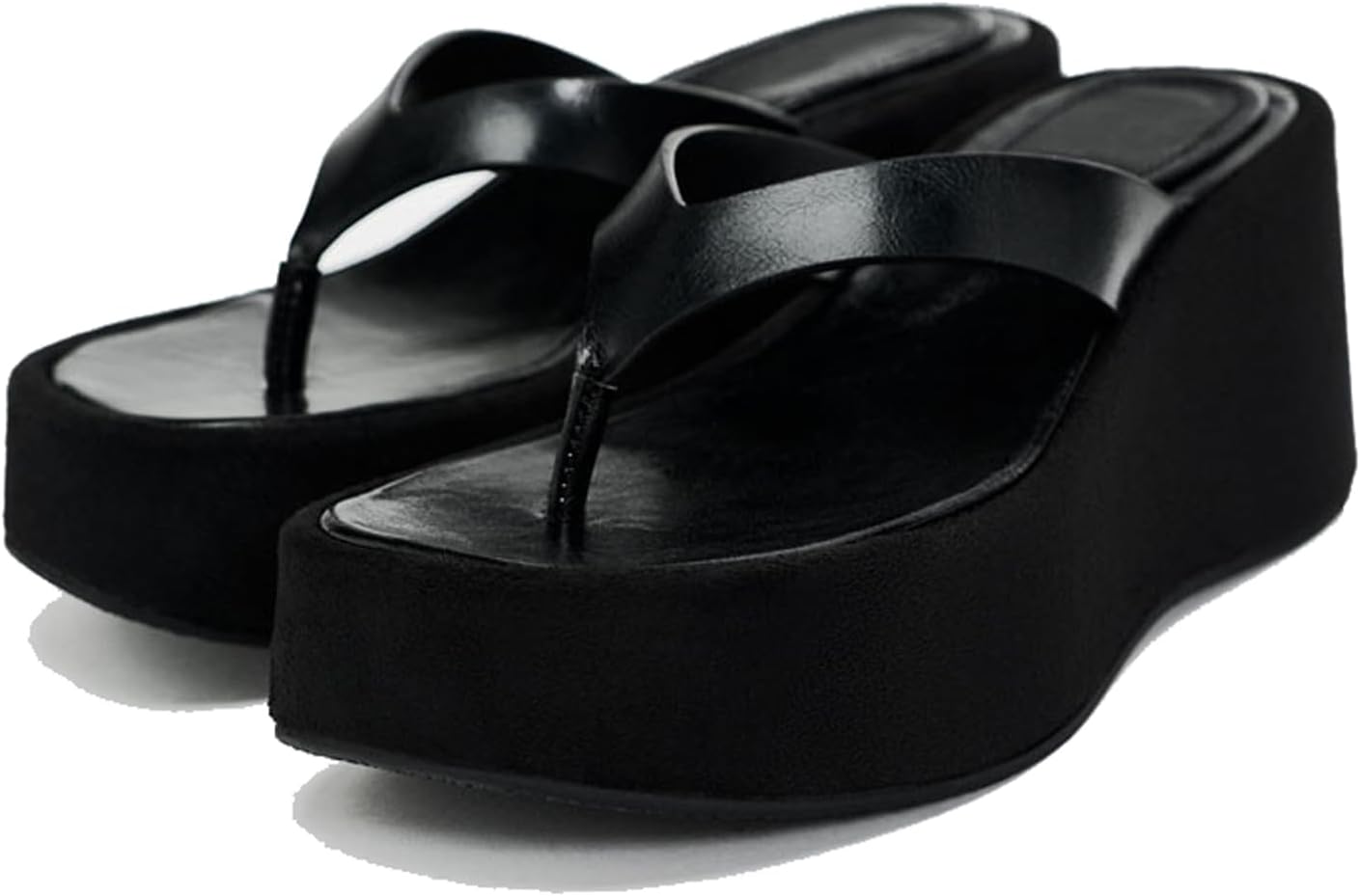 Women's Leather Wedge Flip-Flops Fashion Comfortable Open Round Toe Slip On Non-Slip Platform Thong Sandals Summer Casual Beach Walking Slides