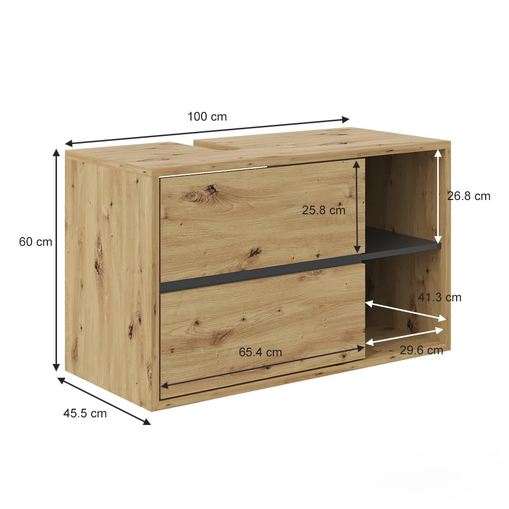 Vicco Waschbeckenunterschrank Viola, Artisan-Eiche, 100 x 60 cm, mit Siphonaussparung und offenen Ablagen zur Wandmontage