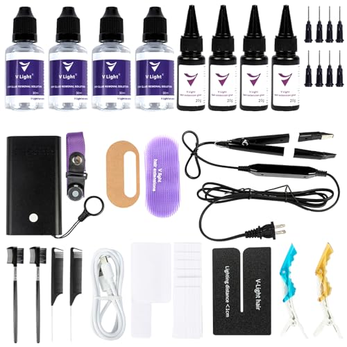 V Light Hair Extensions Kit, UV Light Extensions, V Light Hair Glue*4, V Light Hair Extensions glue romover*4, v light hair comb*2, hair extensions clip*2.