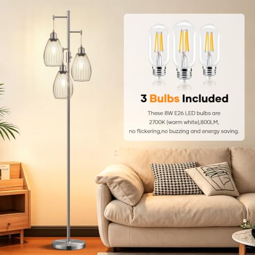 Image of Nintiue Dimmable Floor Lamp, 3 x 800LM LED Edison Bulbs Included, Industrial Floor Lamp Standing Tree Lamp with Elegant Teardrop Cage Heads Tall Lamps for Living Room Bedroom-Brushed Nickel