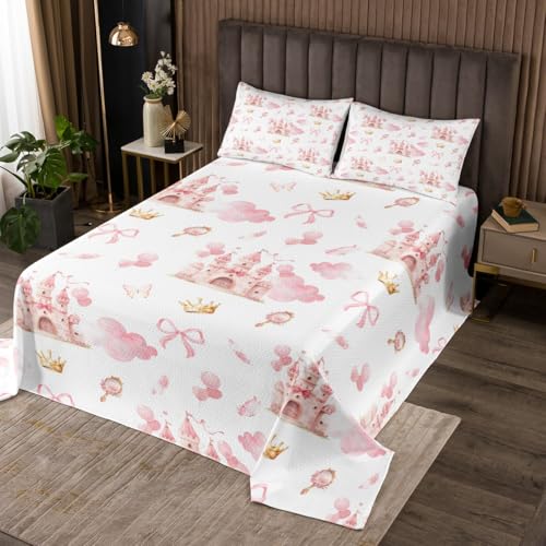 Feelyou Kids Pink Castle Quilted Coverlet Twin Size, Cute Bowknot Coverlet Set Boys Girls Girls Dreamy House Bedspread Fairytale Teens Bedroom Decor 2Pcs