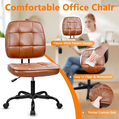 Image of CLATINA Armless Home Office Chair with Lumbar Support and Wheels, Small PU Leather Ergonomic Low Back Desk Chairs No Arms, Adjustable Height 360 Swivel Rolling Computer Task Chair, Brown, 8 Pack