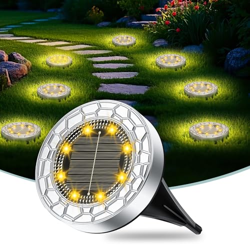 FIFlying 6 pezzi Luci Solari da Giardino, 8 LED Lampade Solare da Terra, Acciaio Inossidabile Bianco Caldo Faretti Sepolta Solari a Led da Esterno, per Prato, Vialetto, Marciapiede, Patio