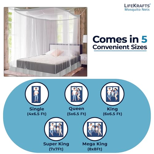 Image of LifeKrafts Bed Mosquito Net - Mega King Size Polyester Machardani (8ft x 8ft,Elegant White with Grey Border) | Double Zipper Entry | Washable & Durable Net for Peaceful Sleep