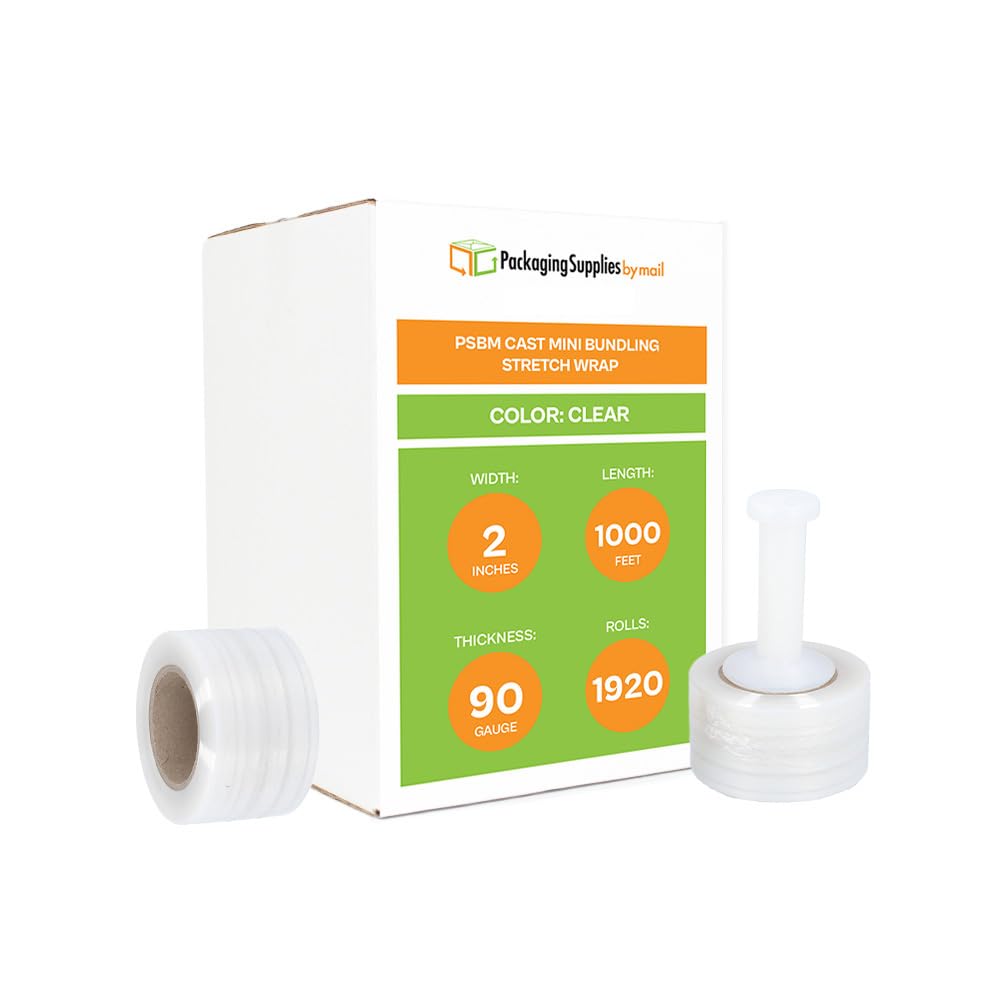PSBM Stretch Wrap with Handle, 1920 Pack, 2 Inch x 1000 Feet, 90 Gauge, Clear Plastic Cling, Mini Hand Shrink Film for Pallet Moving Packing