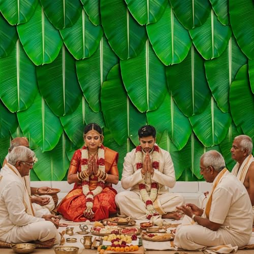 Image of Party Propz Banana Leaf Backdrop Decorations - 1Pc(8ft*5ft) Ganpati Decoration Setup for Home, Varalakshmi Pooja Decoration Items, Krishna Janmashtami Decorations, Haldi Decor, Annaprasana Decor