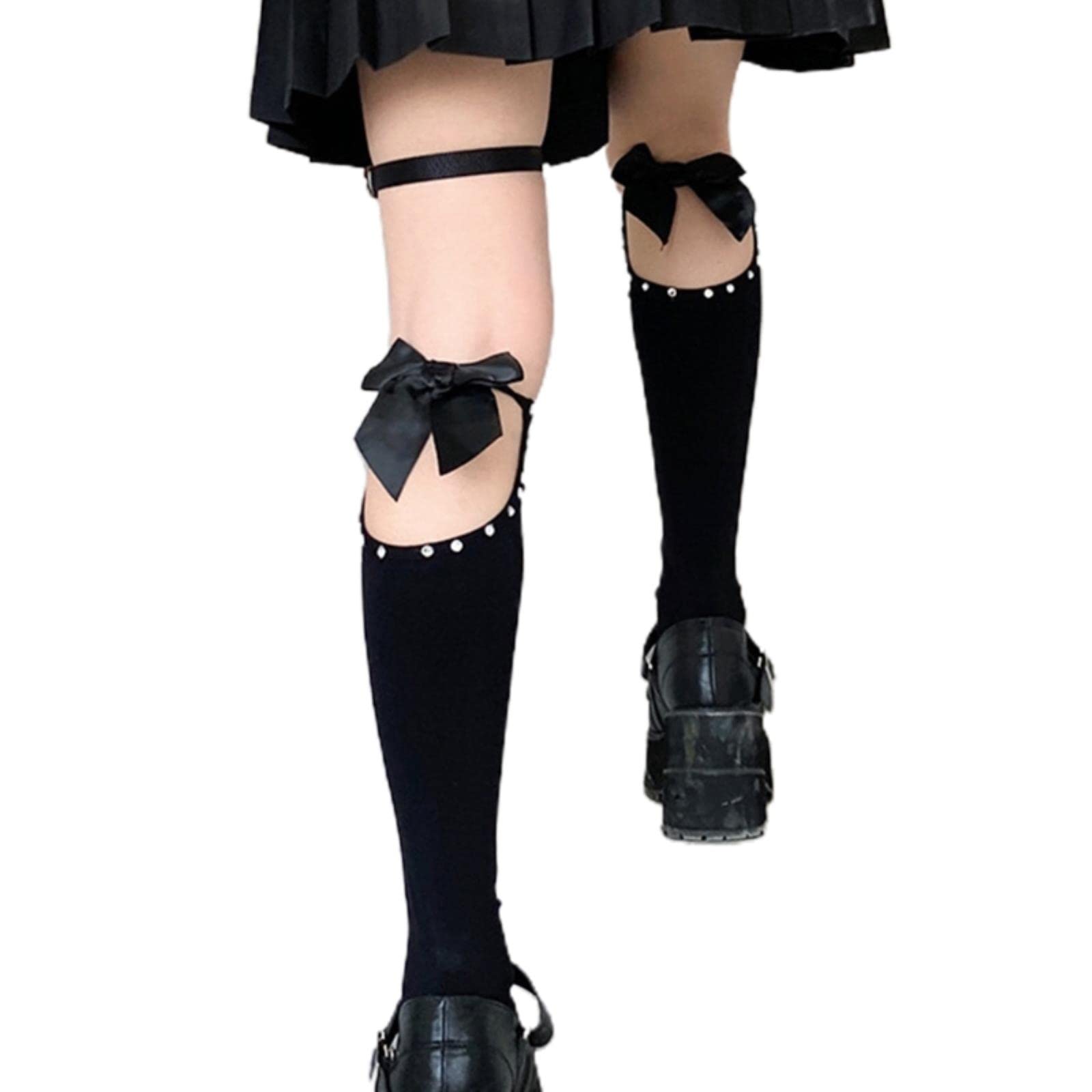 PUYYDS Donne Gotico Punk Halloween Ragnatela Calze Alti al Ginocchio Lolita Giapponese Ruffles Pizzo Bowknot Calze Nere Cosplay Calze