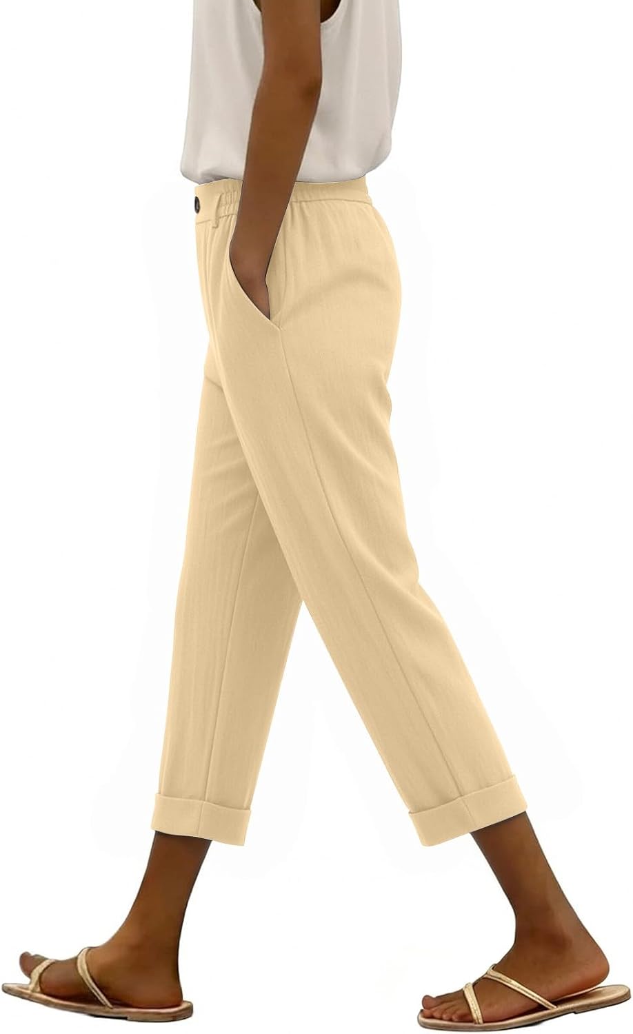 High Waist Straight Linen Capri Trousers, Button Hem Cropped Bottoms with Side Pockets for Womens Summer Casual Wear