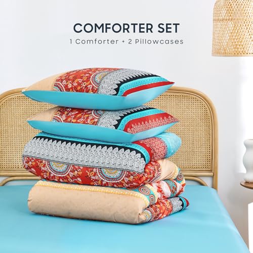 Image of Wake In Cloud - Boho Comforter Set, Bohemian Chic Colorful Medallion with Geometric Botanical Flowers and Horizontal Stripes, Soft Lightweight Bedding, 3 Pieces, Red Teal, King Size