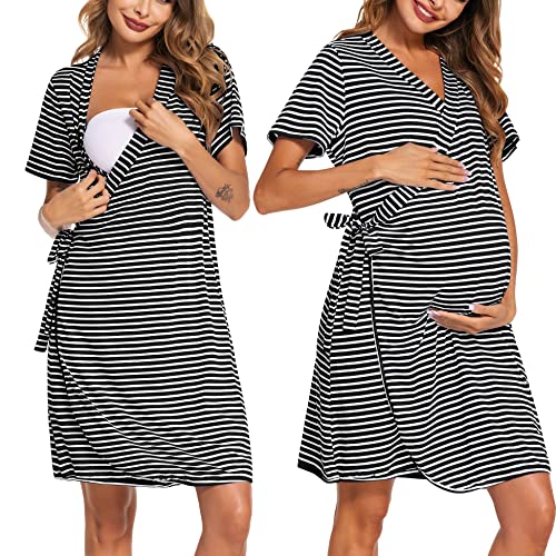 Image of Ekouaer Womens Maternity Nursing Nightdress Robe Set Stripes Pattern Black X-Large