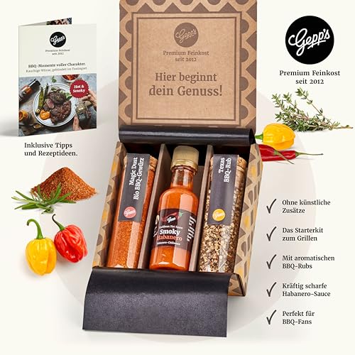 Gepp‘s Feinkost 3-er Set Mini Grillen I Mit 2 Grillgewürzen und Habanero Chili Sauce I BBQ-Gewürzmischungen „Magic Rub“ und „Texas-BBQ“ I Grill Geschenk für Männer, nach eigener Rezeptur
