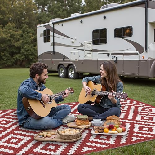 Image of GENIMO Outdoor Rug, Waterproof Plastic Rugs for Patio, 6'x9' Red White | Outside Larger Modern Carpet Mat for Porch Decor, Deck, Balcony, Camping, RV, Backyard, Picnic, Beach, Reversible, Foldable
