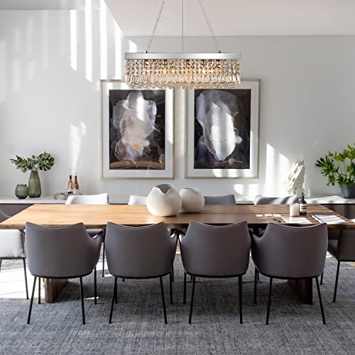 Image of Modern Crystal Lamp, Height Adjustable Rectangular Pandant Light Fixture for Dining Room, Living Room, Kitchen Island, Wide 30-Inch, Installation Video Available
