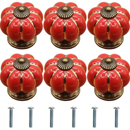 Bikasun 6 boutons de meuble en forme de citrouille rouges, boutons vintage en céramique, boutons d'armoire avec vis, boutons de tiroir pour armoire, commode, poignées...
