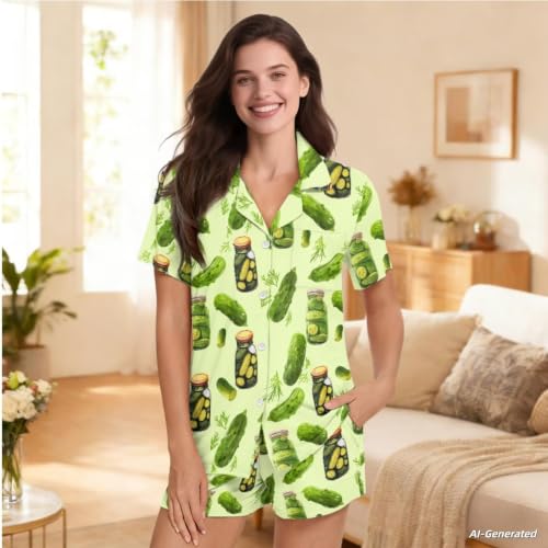 Image of Renewold Women's Short Sleeve Pajama Set Button Down Sleepwear with Notch Collar Soft Lounge Top and Shorts with Pockets