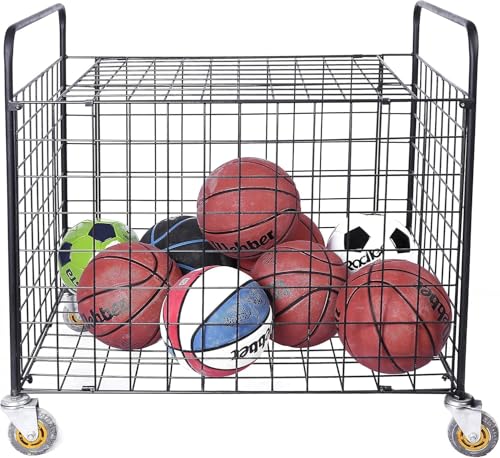 Image of 50604 Professional Gym Metal Multi Sports Ball Storage Cart with Jumbo Industrial Wheels, Commercial Grade Portable Equipment Locker Cage for Basketball, Football, Volleyball - Black