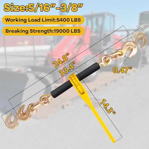 Image of 5 /16 inch-3 /8 inch Chain Binders Kit 4 Set, G80 Ratchet Load Binder 5 /16 to 3 /8 with G80 Transport Chain 5 /16 Inch x 20 Feet, G80 Clevis Grab Hook, 5,400lbs Working Load Tie Down Kit for Towing