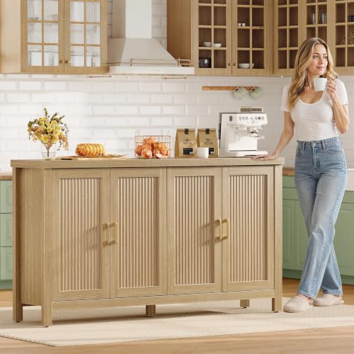 Image of TEENFON 63 inch Buffet Cabinet with Storage, Fluted Sideboard Cabinet with 4 Adjustable Shelves, Modern Coffee Bar with 4 Doors, Coffee Bar Cabinet for Kitchen, Living Room, Natural