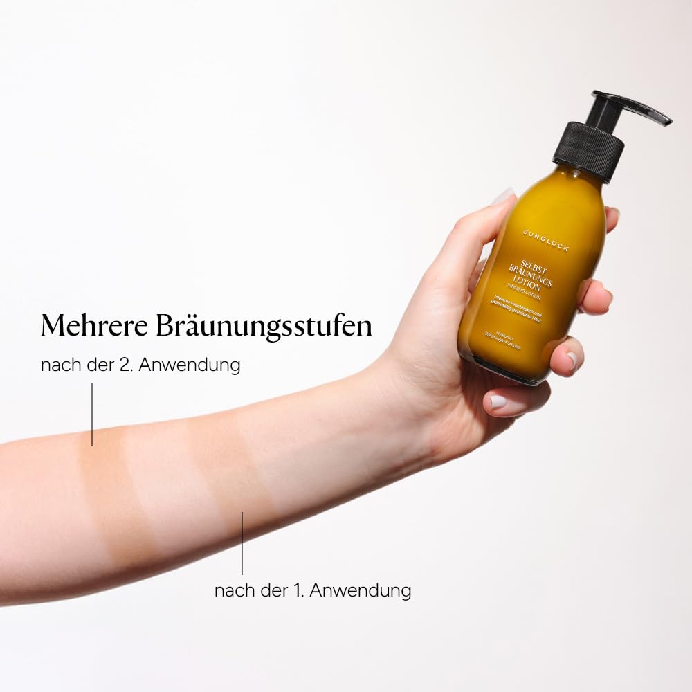 JUNGLÜCK Selbstbräunungslotion | Selbstbräunende Hautpflege für natürliche und gleichmäßige Bräune - Selbstbräuner Body Lotion spendet intensive Feuchtigkeit mit Hyaluron & Squalan