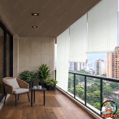 Image of HIPPO Bamboo Curtains - W-4 FT X H-7 FT Rope Mechanism Roll Up Down Indoor Bamboo Shade for Sun & Dust Protection for Home Window, Balcony, Restaurant, Hotel, Resort (White)
