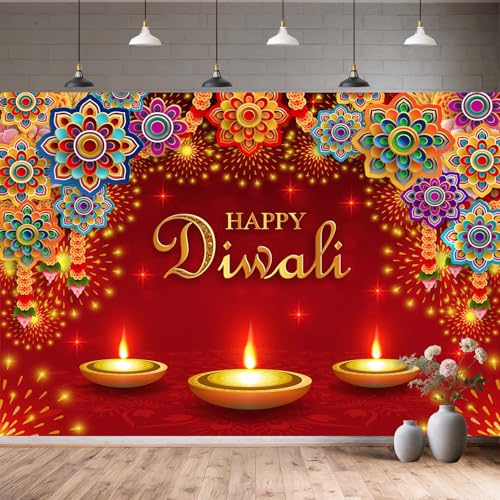 Image of 15x10FT Happy Diwali Backdrop Banner Decor, Festival Lights Indian Happy Diwali Decorations Party Supplies Deepavali Photography Background for Indoor Outdoor Garden,Yard, Party Home Decor