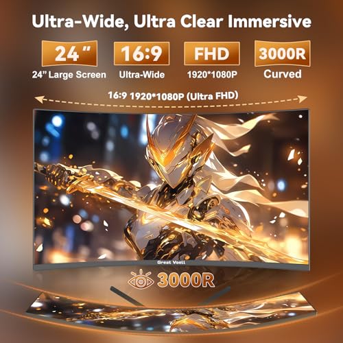 Image of Great voell 24 Inch Curved Gaming Monitor, 180Hz FHD 1080P Computer Monitor, 3000R Curved, FreeSync, Support DP /HDMI /USB Ports, 98% sRGB, 4000:1 Contrast Ratio for Home Office & Gaming-Wall Mountable