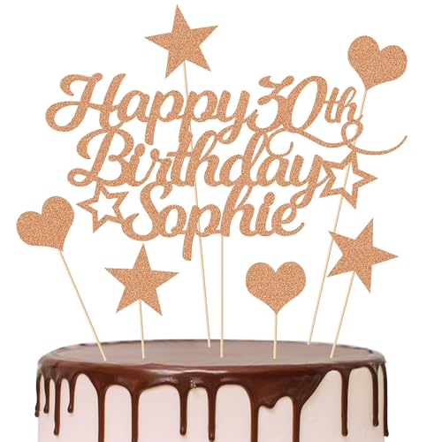 Personalised Happy Birthday Cake Topper Customised with Any Age Name Party Cake Decoration 16 18 21 40 60 Double Sided Glitter Card Rose Gold