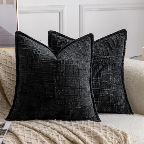 Image of MADIZZ Pack of 2 Chenille Throw Pillow Covers 20x20 Inch Black Soft Neutral Decorative Throw Pillows for Couch Sofa Boho Accent Cushion Covers Modern Farmhouse Home Decor for Bedroom Living Room