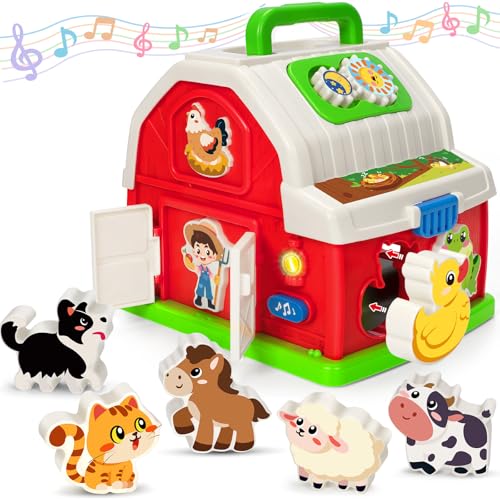 Montessori Toys for 1 2 3 Year Old Boys Girls, Musical Barn Farm Animal set for Toddler, Shape Sorting Educational Toy for Baby 12-18 Month, Learning...