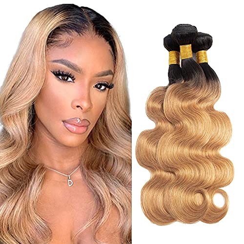 AuokMar Ombre Hair Bundles 1b/27 Ombre Human Hair Body Wave Bundles Ombre Honey Human Hair Bundles Long Unprocessed Virgin Hair Wet And Wavy Remy Hiar Cheap Bundles 16 18 20 Inch