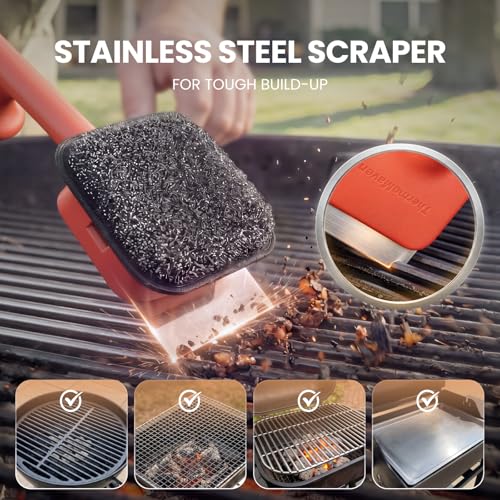 Image of ThermoMaven BBQ Grill Brush Bristle Free - 17 inch Safe Steam Grill Cleaner Brush with Scraper and 5 Brush Heads for Porcelain /Gas /Charcoal Grill Outdoor Grill Barbecue Cleaner