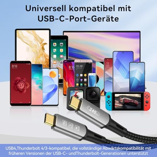 USB4 Kabel mit Thunderbolt 4 Kabel 0.5M, 240W Ladekabel 40Gbps Datenkabel 8K@60Hz 4K@120Hz HDR, PD3.1, USB C zu USB C Kabel für iPhone 15Pro, Macbook, iPad Pro, SSD, Laptops, Monitor, Hub, Dock – Bild 8