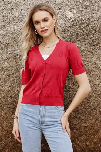 Image of Arach&Cloz Women's Lightweight Spring Summer Business Casual Cropped Short Sleeve Cardigan