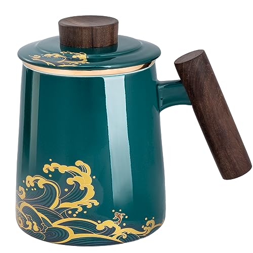 DISDADA Taza Infusiones con Tapa Y Filtro Taza de Té de CeráMica para el Hogar el Hogar y la Oficina Aniversario Regalos (Color : Dark green waves)