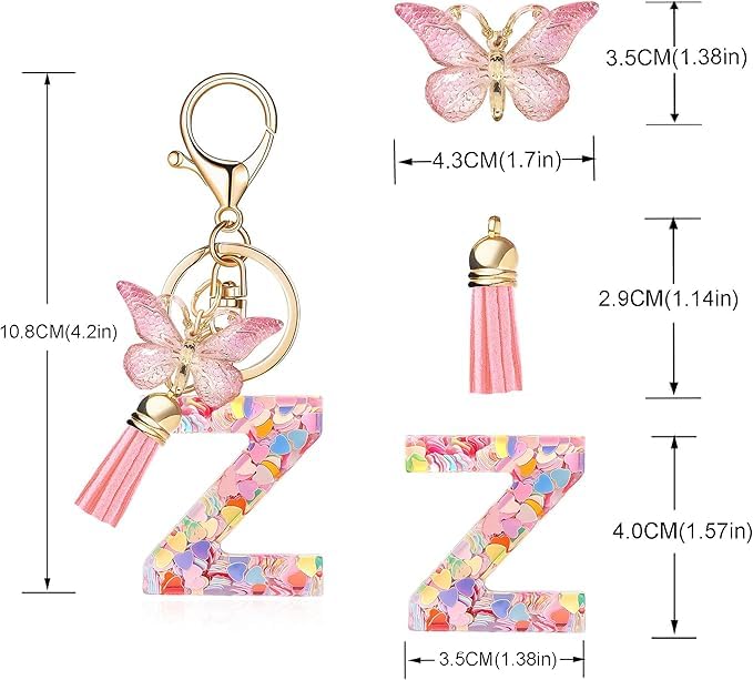 Image of GEOCARTER Lightweight Fashion Initial Letter Key Ring with Butterfly Pendant & Tassel, Stylish Purse Charm for Handbags, Car Keys, Gifts for Girls & Women