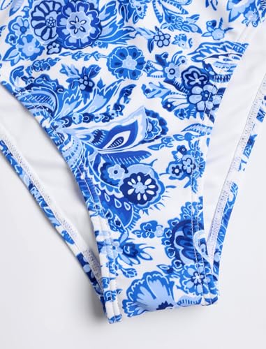 Image of ZAFUL Women Halter Dual Straps Whip Stitch Floral Triangle Bikini Swimsuits | Color Block Whip Stitches Trim, Halter Dual Shoulder Straps, Popular Floral Print, Cheeky Bikini Bottom, Tie Back